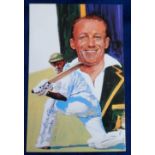 Cricket autograph, Australia, Don Bradman, signed 6" x 9" colour print by Ivan Rose. (ex)