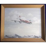 Aviation oil painting by Mary Steer depicting a Qantas airliner. Framed oil on board approx size