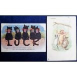 Postcards, Louis Wain Cats, 2 cards, 'The swing' published by Tuck, Series 1260 (pu 1903) & 'Here'