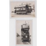 Postcards, Norfolk, Great Yarmouth, 2 RP's of trams with conductors, both trams with advertising, (