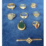 Jewellery, 6 gold rings (18ct gentleman's buckle ring 13g, 15ct snake ring 4g, 18ct ring set with