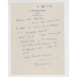 Cricket autograph, Pelham Warner, handwritten signed letter dated 2nd November 1950, to Arthur