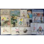 Postcards, a collection of 17 hand-drawn original Art cards inc. Military, Comedy, Crests, Children,