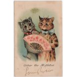 Postcard, Louis Wain, cats, 'Under the Mistletoe' published by Faulkner's, Series no 182B, with