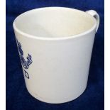 Militaria, a large 'Loyal North Lancashire' white glazed mug with transfer printed King's Crown