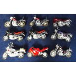 Toys, 9 Maisto Motorcycles, Suzuki GSX Police, BMW R1 100 RS (2 black and one red), Yamaha Virago (x