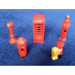 Toys, 4 lead-painted figures of post and telephone boxes, inc. hexagonal Victorian and crown