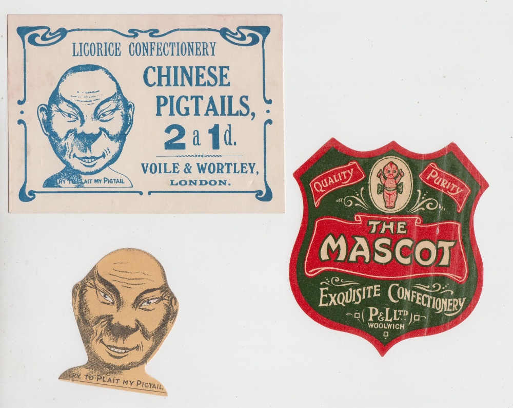 Advertising labels, 3 confectionery items printed by Fell & Briant of Croydon, Voile and Wortley