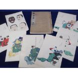 Japanese woodblock prints, 32 hand coloured loose prints showing masks and figures all annotated,