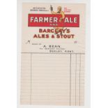 Brewery Invoice, Barclay's Ales & Stout invoice, overprinted for A Bean of the Railway Tavern