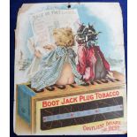 Tobacco advertising, USA, shop display card for 'Boot Jack Plug Tobacco' superbly illustrated with