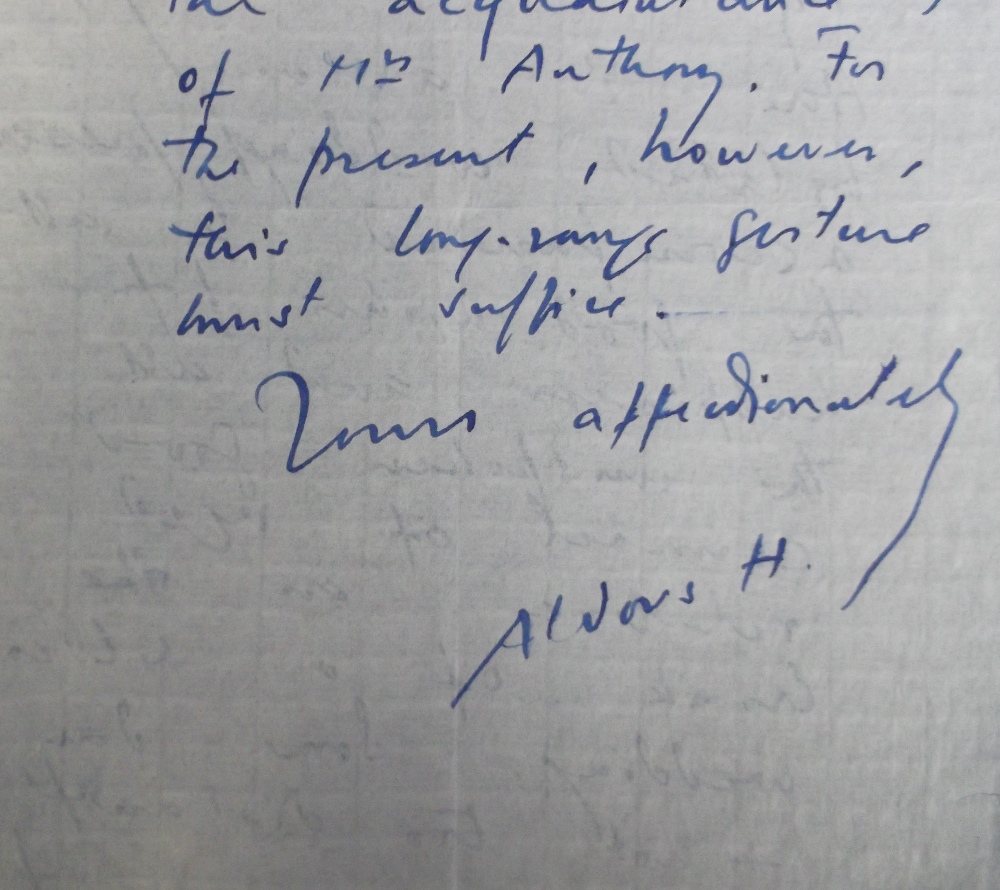 Ephemera Aldous Huxley autograph, a letter dated 3 Nov1943 from Aldous Huxley to his nephew