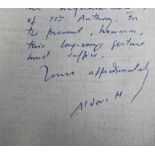 Ephemera Aldous Huxley autograph, a letter dated 3 Nov1943 from Aldous Huxley to his nephew