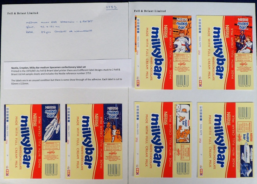 Advertising, Chocolate Wrappers, Nestle, Milky Way, set of six printer's sample labels by Fell &