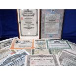 Scripophily, 13 early 20th C share certificates some with coupons attached (2 framed and glazed)