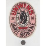 Beer label, Unwin's, large oval shaped label for Darkee Brown Ale, 217mm high by 163mm wide,