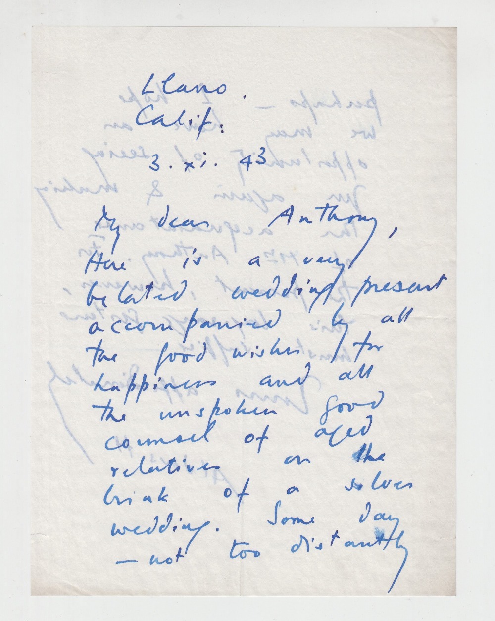 Ephemera Aldous Huxley autograph, a letter dated 3 Nov1943 from Aldous Huxley to his nephew - Image 2 of 2