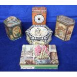 Biscuit Tins, 5 19th and 20th C biscuit tins, 1899 Macfarlane Lang 'Carriage Clock' calendar tin (