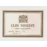 Advertising label, Hotel Cecil Ltd Strand, London Clos Vougeot Wine label 1918. Presented with