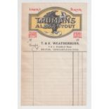 Brewery invoice, Truman's, Ales & Stout invoice for T & K Weatherburn of Newcastle on Tyne printed