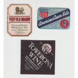 Advertising labels, 3 1920s/30s drinks related labels printed by Fell & Briant of Croydon. Plowman