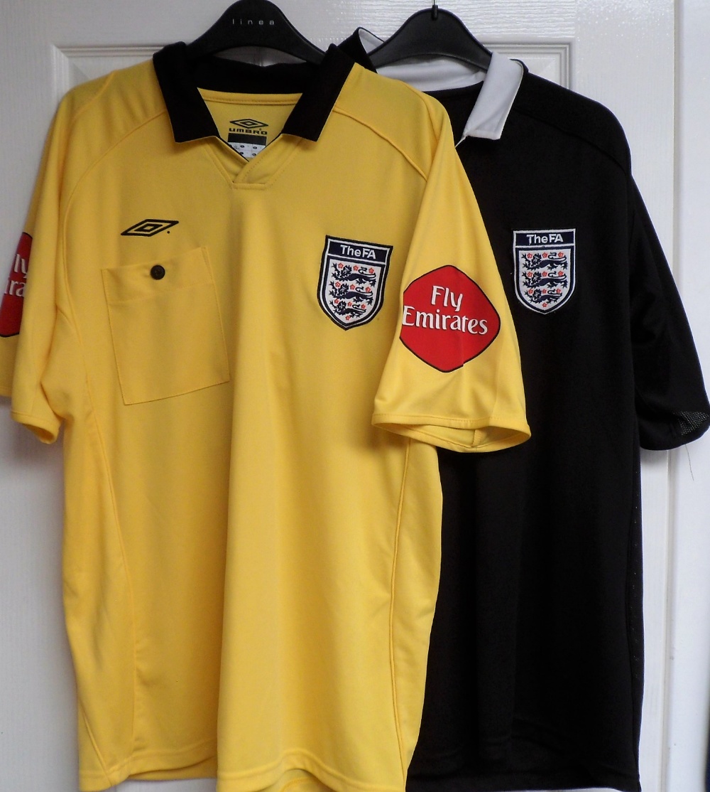 Football, FA Referee shirts, two different match worn large size shirts, 2006/7 yellow s/s Umbro