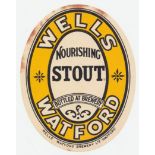 Beer label, Wells Watford Brewery Ltd, Watford, Nourishing Stout, vertical oval 84mm high (top