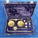 Collectables, a set of Indian made brass weighting scales in fitted case, replacement tweezers