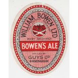 Beer label, William Bowen Ltd, West Bromwich, Bowen's Ale, v.o, 86mm high, (small nick to top edge