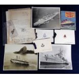 Ephemera, Naval shipping, small selection of items inc. three b/w photos inc. HMS Eagle, a letter