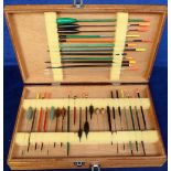 Fishing Tackle, an Aiken 3-drawer wooden float box with brass clips, containing 50+ fishing floats