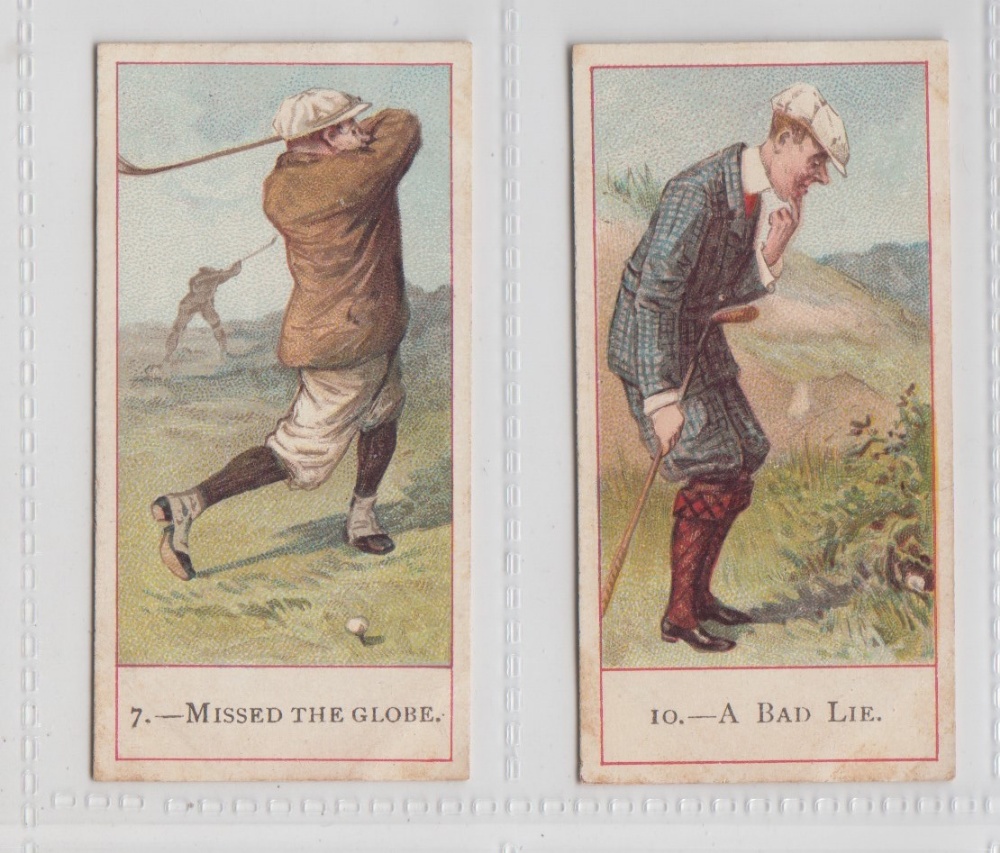 Cigarette cards, Cope's, Cope's Golfers, two cards, no 7 'Missed the Globe' & no 10 'A Bad Lie' (