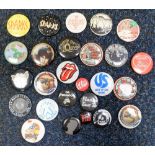 Music badges, collection of 25+, 1970's tin badges, various sizes for groups inc. Rolling Stones, Dr
