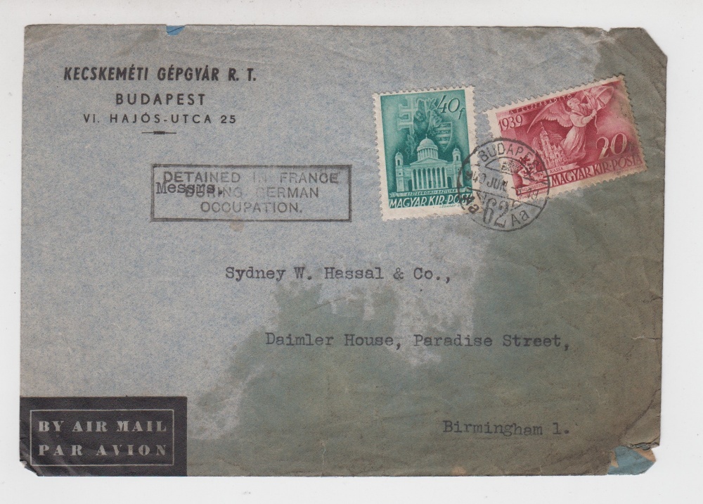 Postal History, scarce war time envelope sent from Hungary dated June 1940 to address in Birmingham,