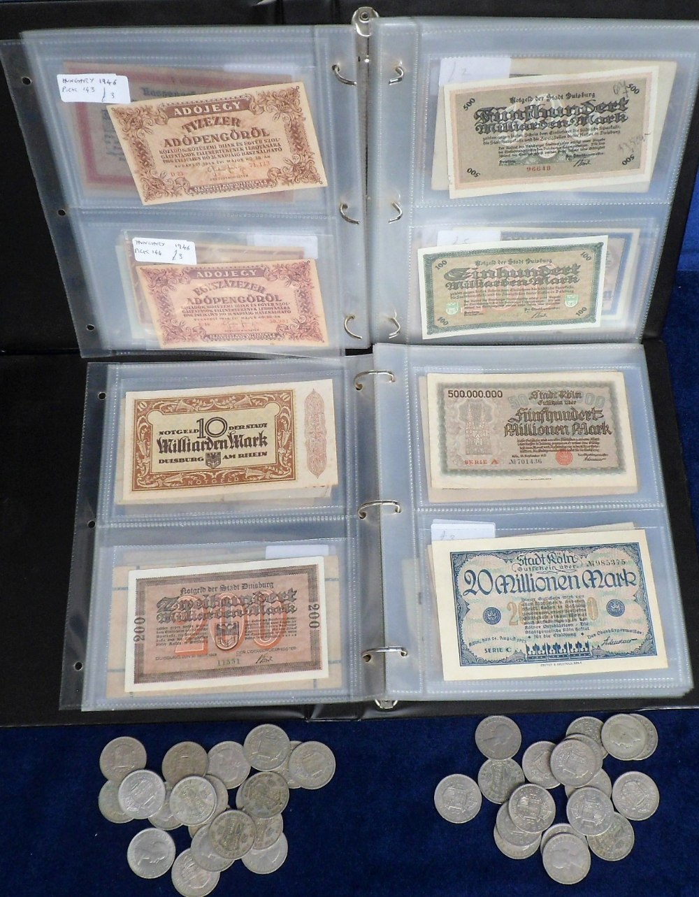 Banknotes, a collection of worldwide banknotes (100+) displayed in 2 albums, mostly from Germany