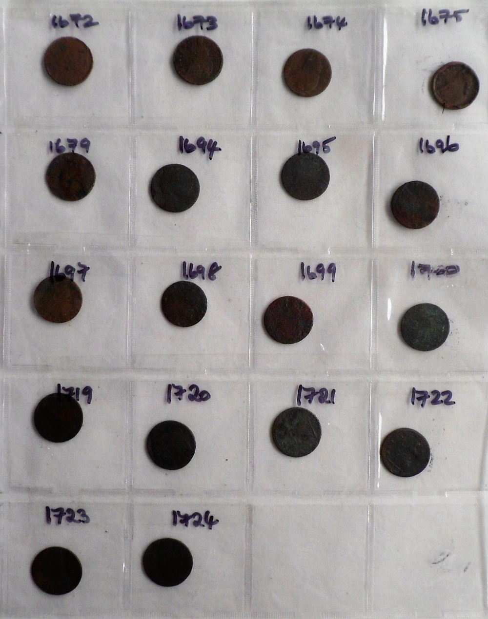 Coins, a folder containing a collection of GB copper coins 1672-1775 all believed to have been dug - Image 2 of 12