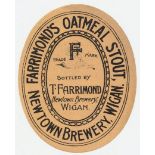 Beer label, Farrimond's, Oatmeal Stout label from Newtown Brewery Wigan, vertical oval (gd) (1)