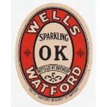 Beer label, Wells Watford Sparkling OK, (white/buff coloured lettering of Wells & Watford), vertical