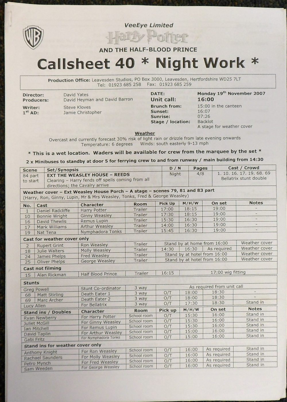 Film Memorabilia, small selection of film related items, call sheet for 'Harry Potter and the Half- - Image 3 of 3