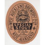 Beer label, West Auckland Brewery Co, Special Stout, vertical oval, 90mm high, (sl tear to edge) (1)