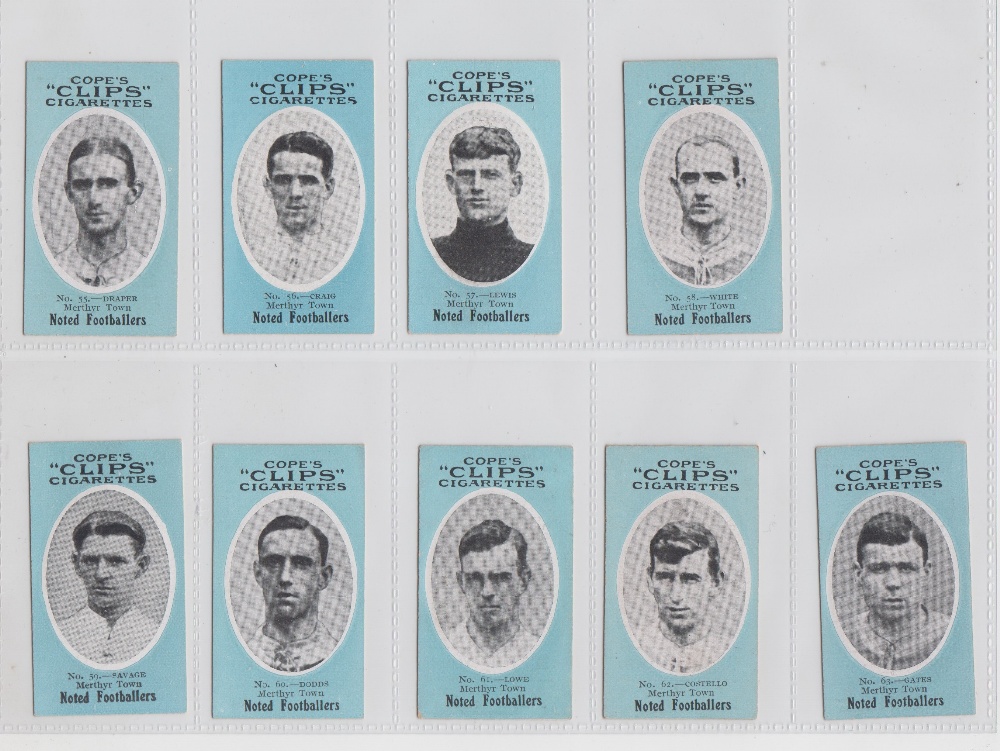 Cigarette cards, Cope's Noted Footballers (Clips, 500 Subjects), Merthyr Town, 9 cards, nos 55-63