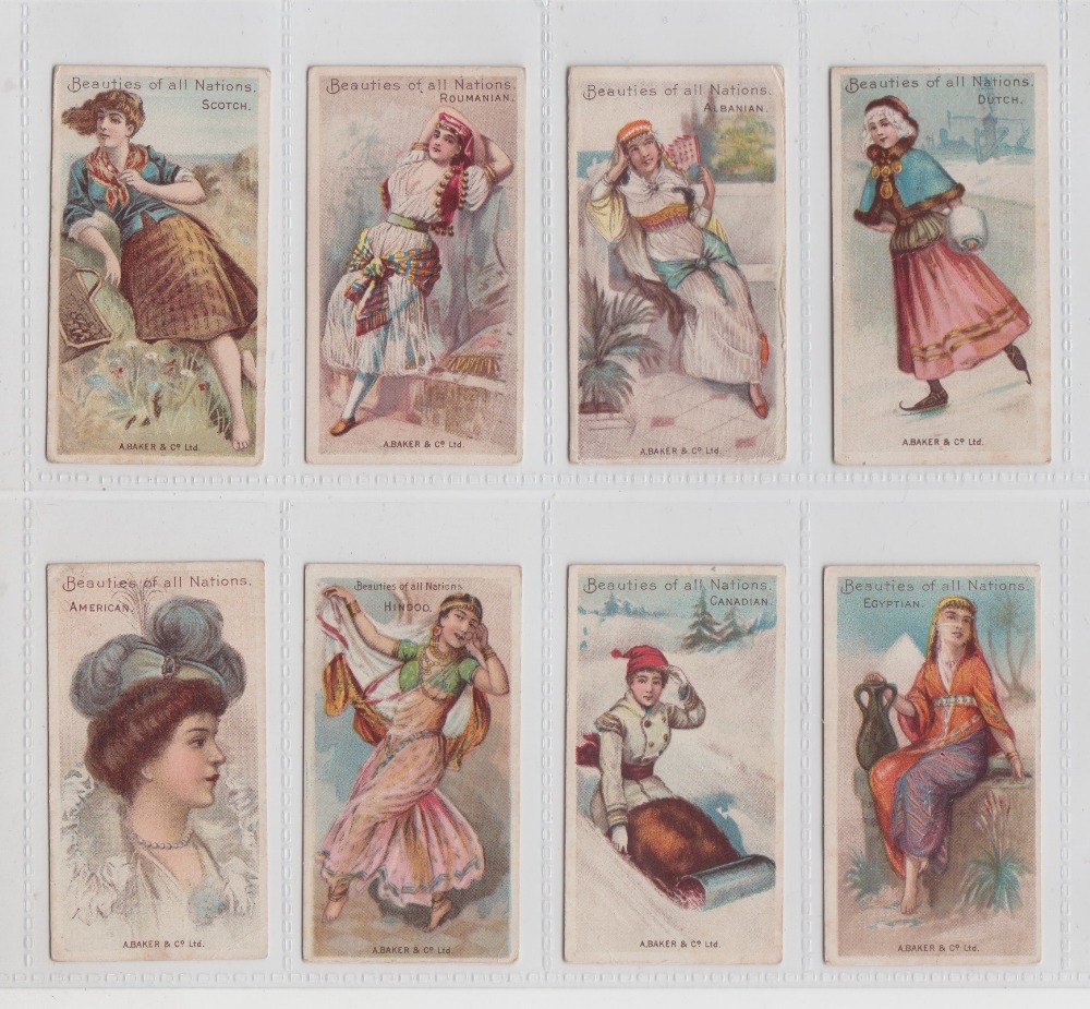 Cigarette cards, A Baker & Co., Beauties of All Nations (all A. Baker & Co. backs), 8 cards,