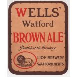 Beer label, Wells Watford Brown Ale, Lion Brewery, Herts, vertical rectangular 87mm high (vg) (1)