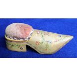 WW2 Ephemera. A hand painted and carved wooden pin cushion in the form of a clog with original