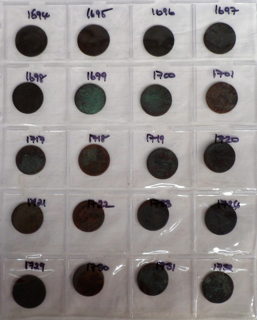 Coins, a folder containing a collection of GB copper coins 1672-1775 all believed to have been dug - Image 6 of 12