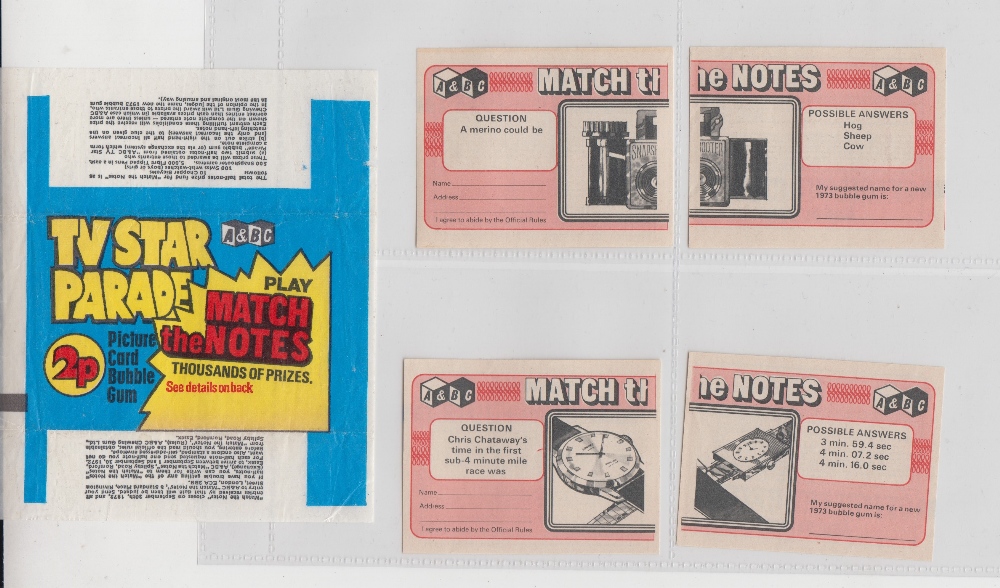 Trade card wrapper & cards, A&BC Gum, TV Star Parade Match the Notes, wax wrapper & four types,