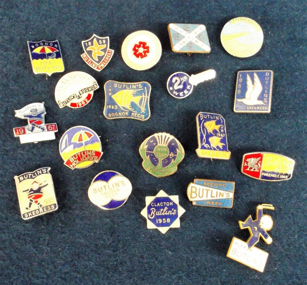 Collectable badges, a collection of 19 enamelled Butlin's badges, 1950's/60's inc. Ayr 1961 &