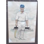 Cricket, original pen, ink and watercolour artwork showing 'Nat Hadley', Blakenhall CC, by WA