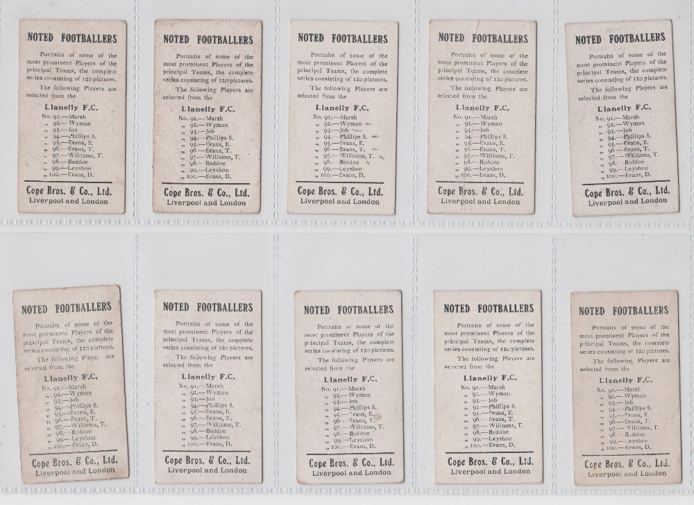 Cigarette cards, Cope's, Noted Footballers (Clips, 120 Subjects), Llanelly, 10 cards, nos 91-100 - Image 2 of 2