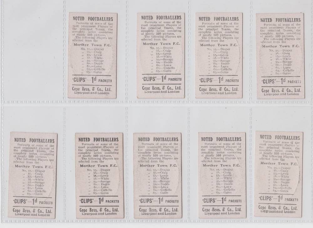 Cigarette cards, Cope's Noted Footballers (Clips, 500 Subjects), Merthyr Town, 9 cards, nos 55-63 - Image 2 of 2